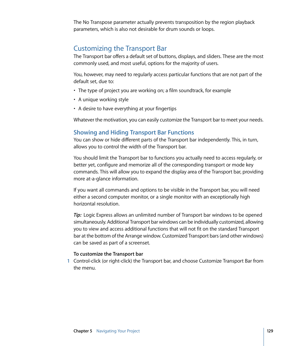 Customizing the transport bar, Showing and hiding transport bar functions | Apple Logic Express 9 User Manual | Page 129 / 1294