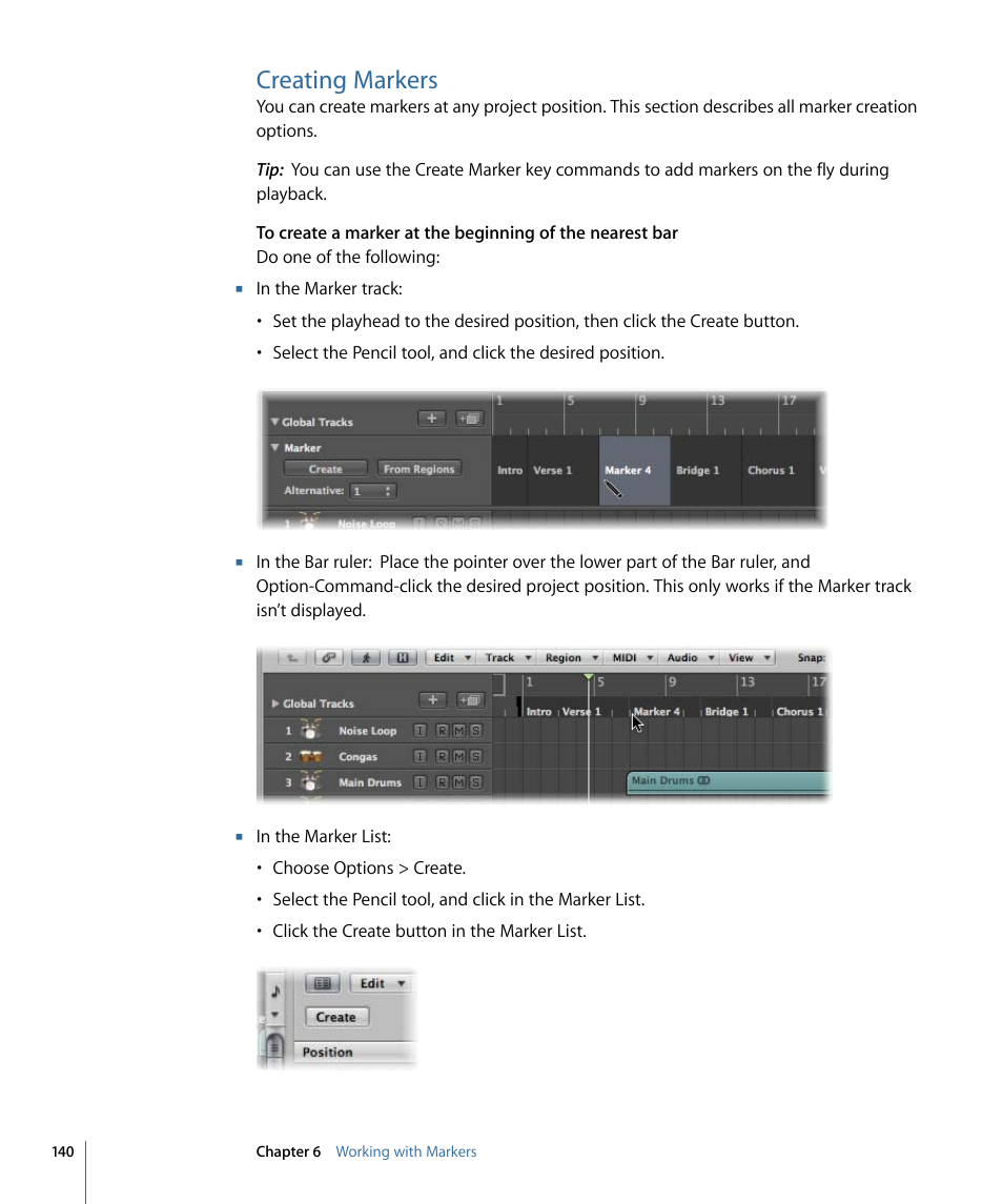 Creating markers | Apple Logic Express 9 User Manual | Page 140 / 1294