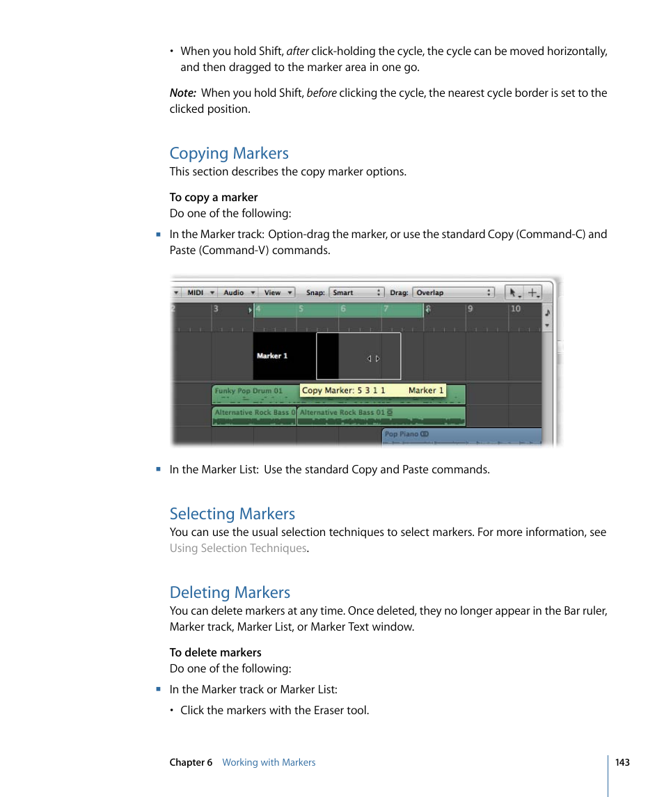Copying markers, Selecting markers, Deleting markers | Apple Logic Express 9 User Manual | Page 143 / 1294