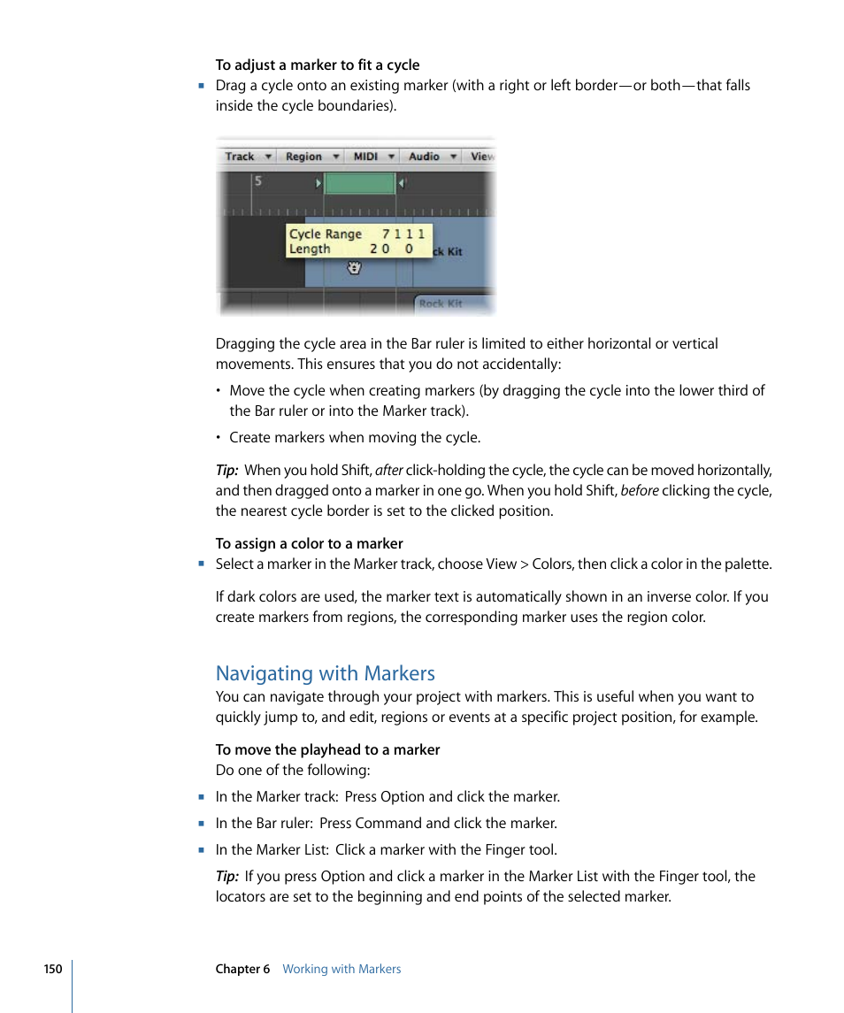 Navigating with markers | Apple Logic Express 9 User Manual | Page 150 / 1294