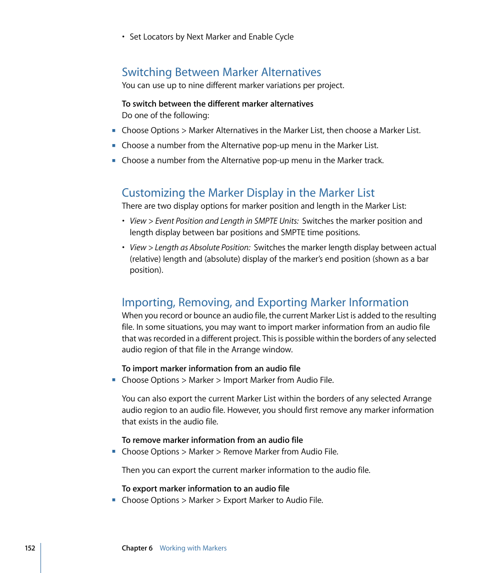 Switching between marker alternatives, Customizing the marker display in the marker list | Apple Logic Express 9 User Manual | Page 152 / 1294