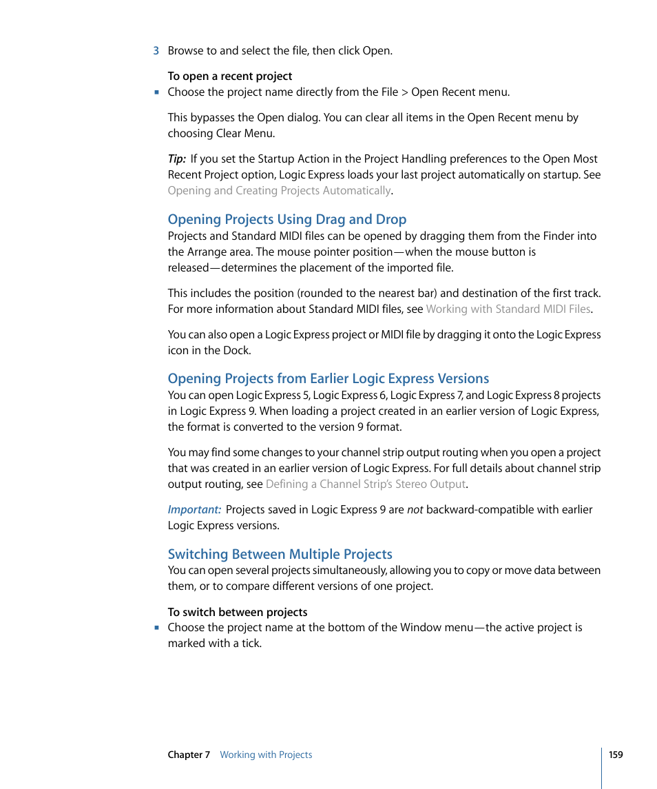 Opening projects using drag and drop, Switching between multiple projects | Apple Logic Express 9 User Manual | Page 159 / 1294