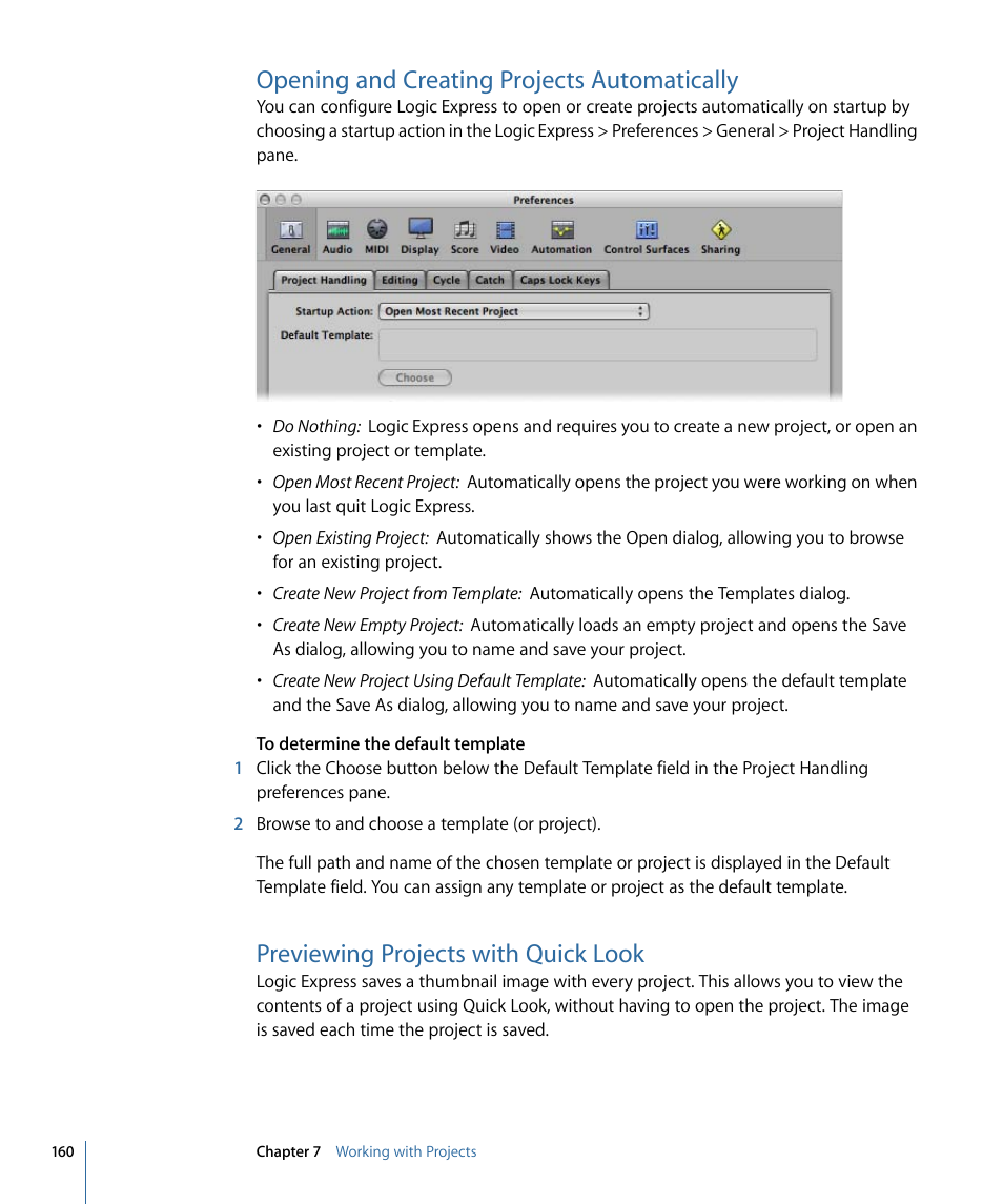 Opening and creating projects automatically, Previewing projects with quick look | Apple Logic Express 9 User Manual | Page 160 / 1294