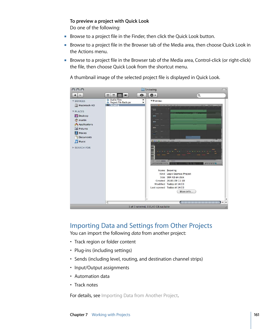 Importing data and settings from other projects | Apple Logic Express 9 User Manual | Page 161 / 1294