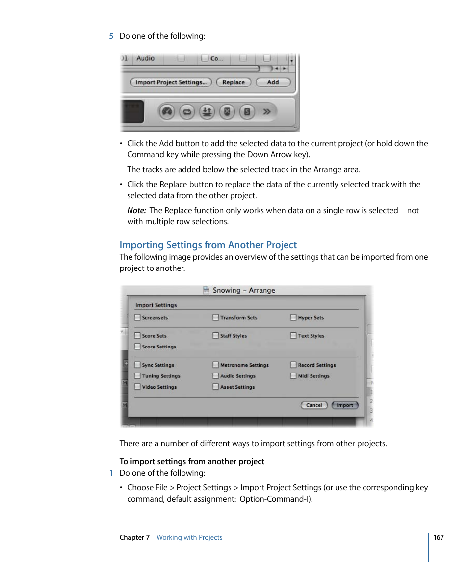 Importing settings from another project | Apple Logic Express 9 User Manual | Page 167 / 1294