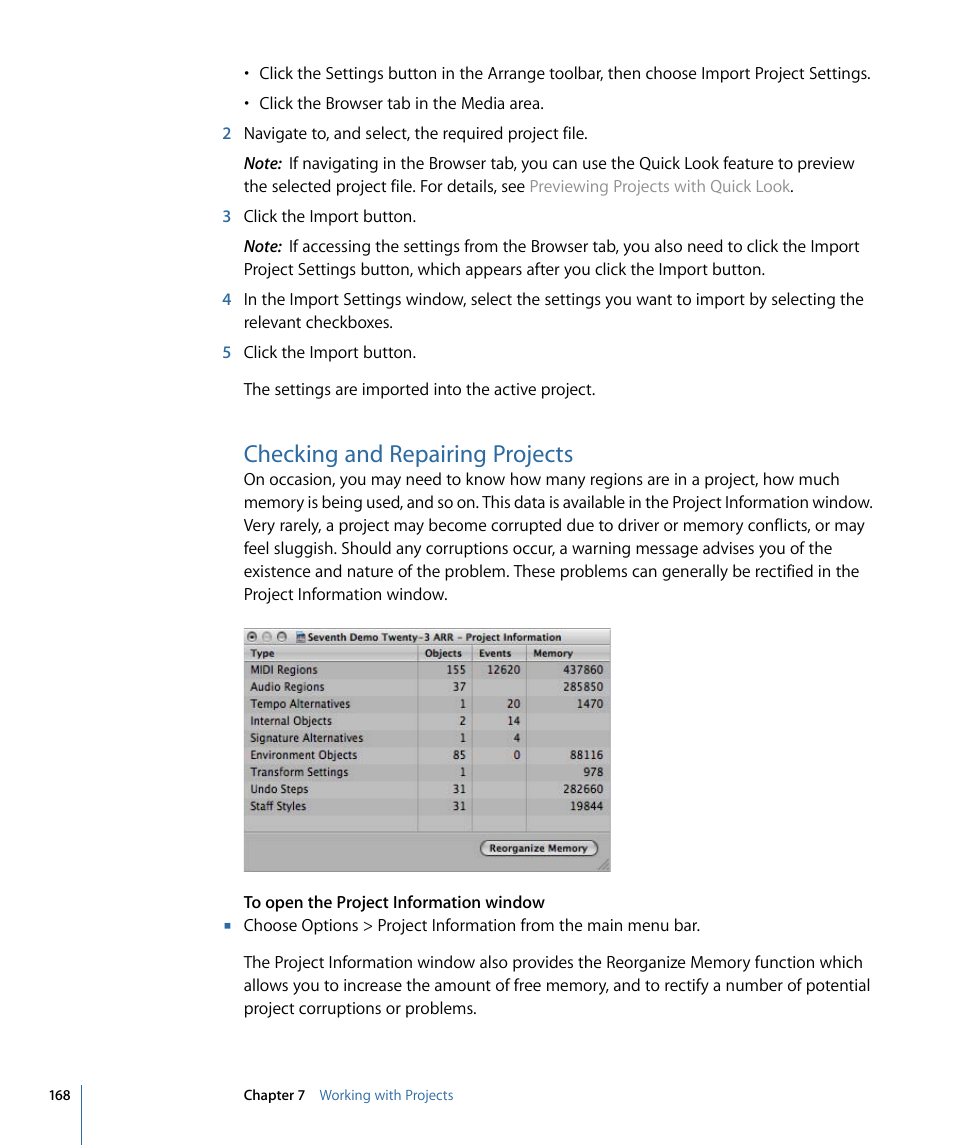 Checking and repairing projects | Apple Logic Express 9 User Manual | Page 168 / 1294