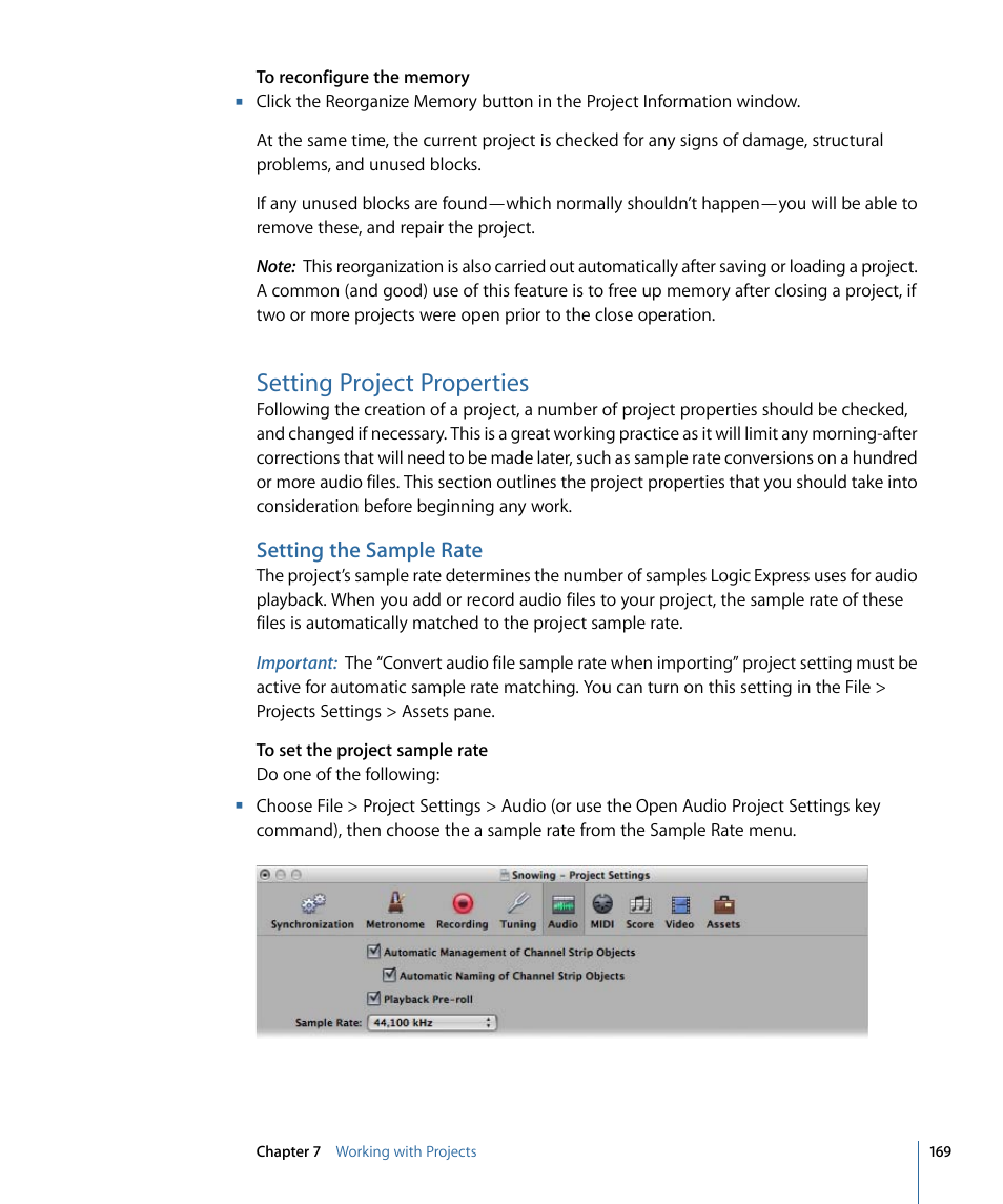 Setting project properties, Setting the sample rate | Apple Logic Express 9 User Manual | Page 169 / 1294