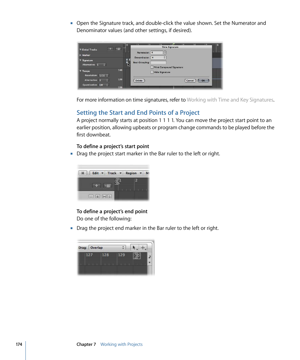 Setting the start and end points of a project | Apple Logic Express 9 User Manual | Page 174 / 1294