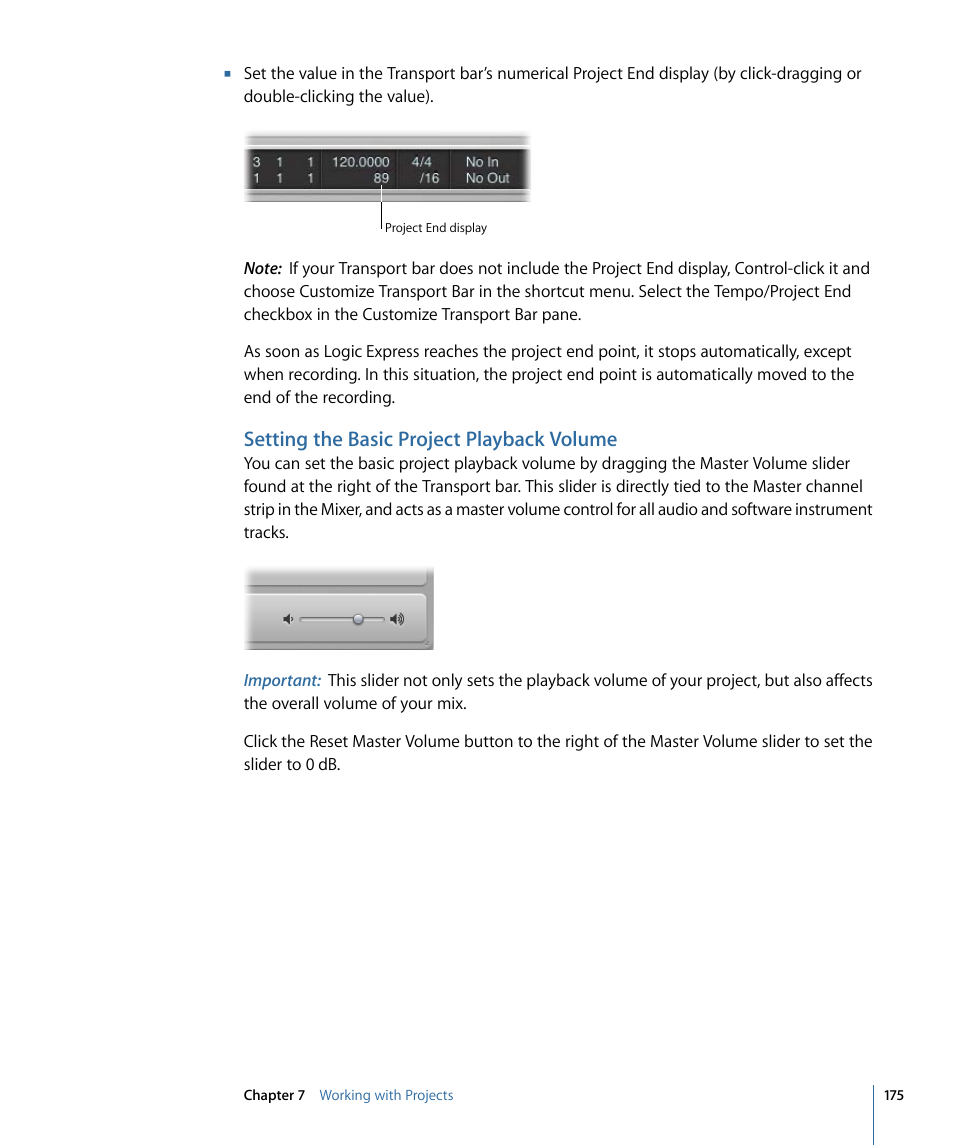 Setting the basic project playback volume | Apple Logic Express 9 User Manual | Page 175 / 1294