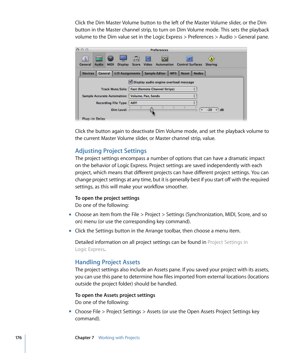 Adjusting project settings, Handling project assets | Apple Logic Express 9 User Manual | Page 176 / 1294