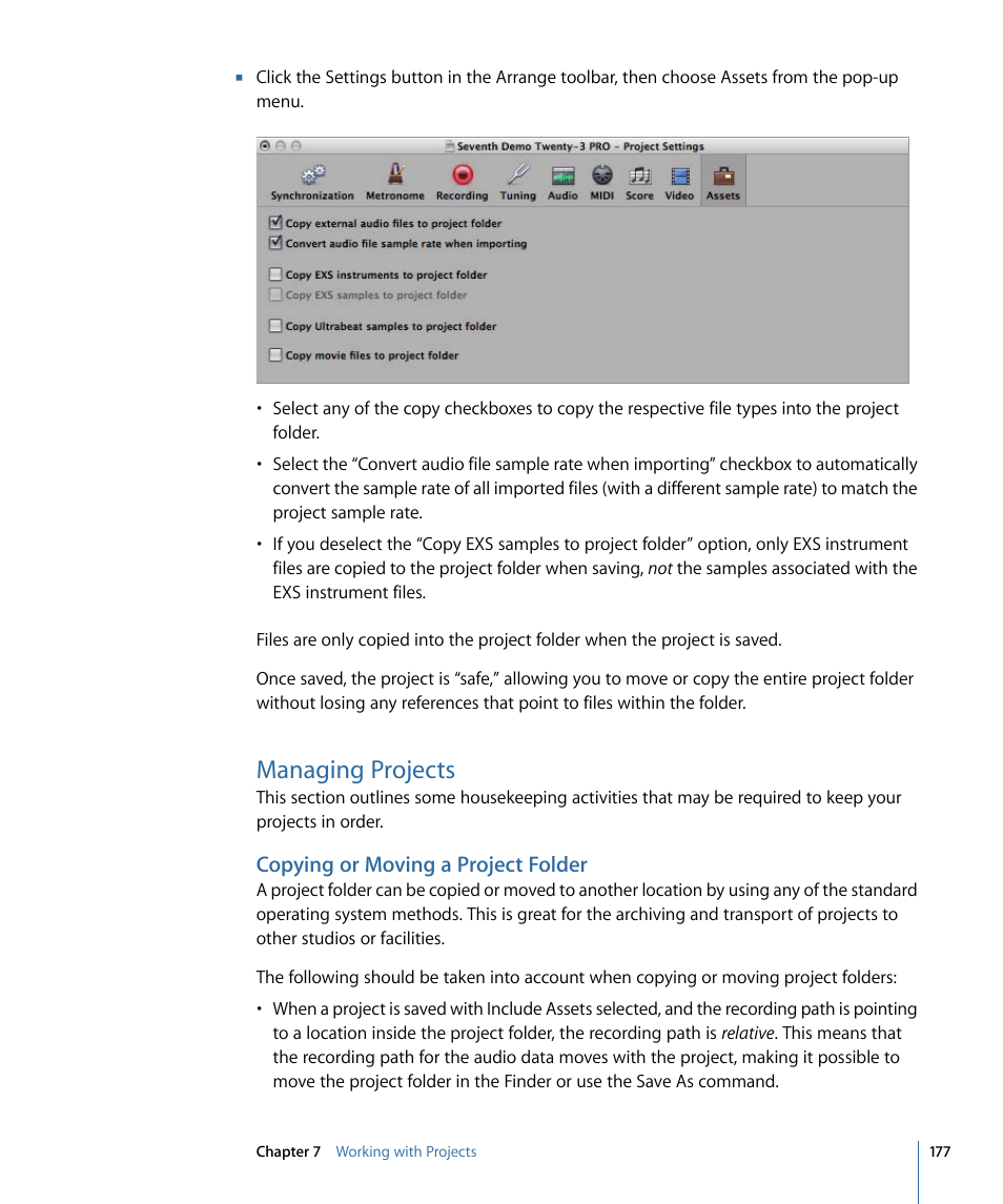 Managing projects, Copying or moving a project folder | Apple Logic Express 9 User Manual | Page 177 / 1294