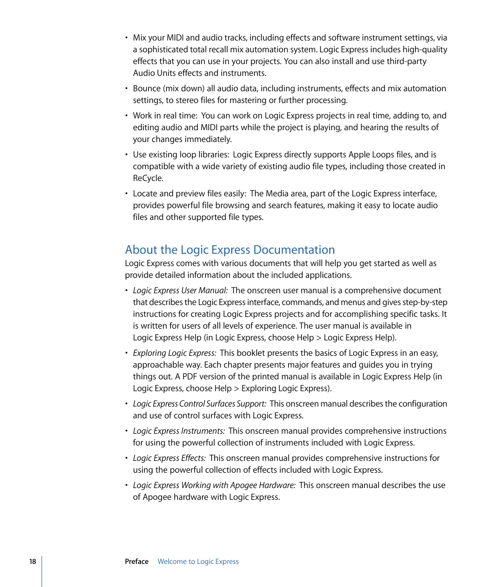 About the logic express documentation | Apple Logic Express 9 User Manual | Page 18 / 1294