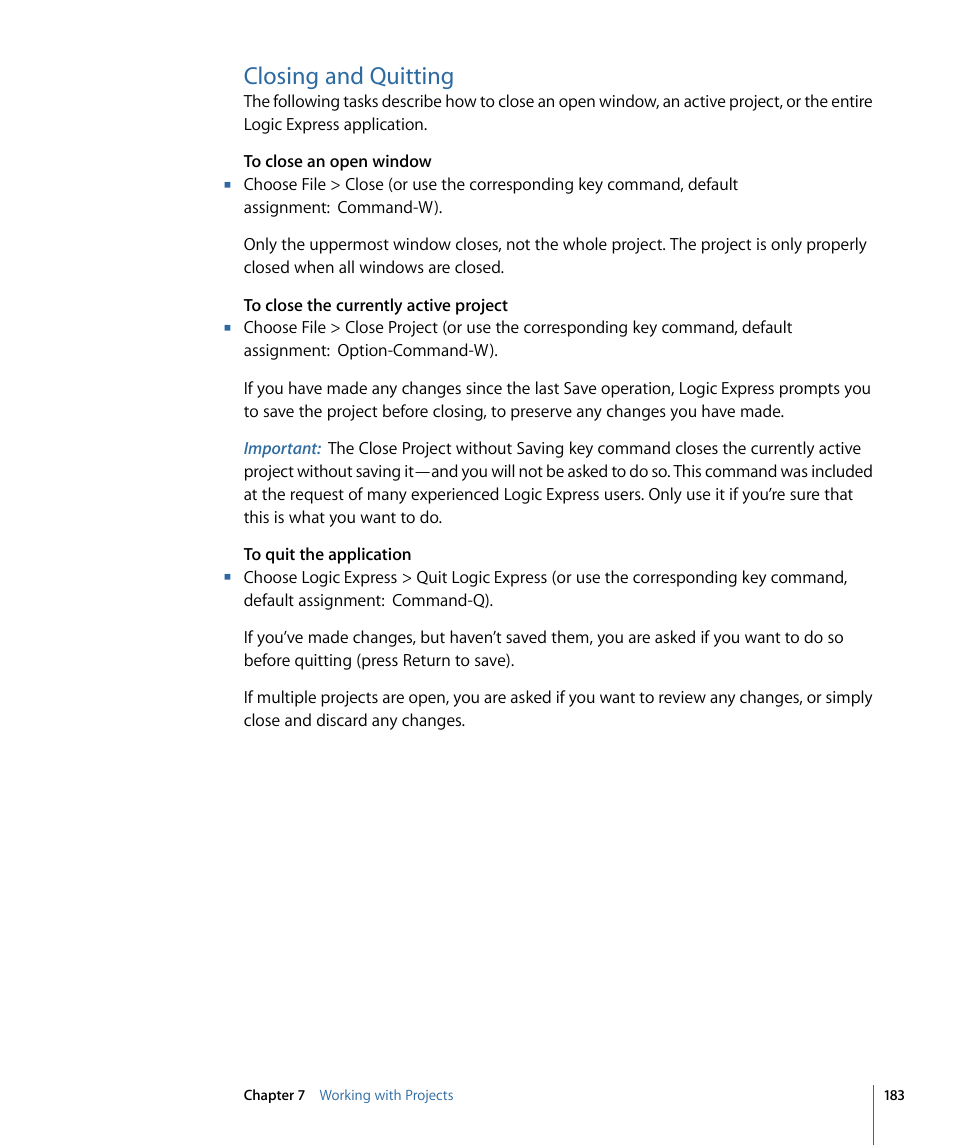 Closing and quitting | Apple Logic Express 9 User Manual | Page 183 / 1294