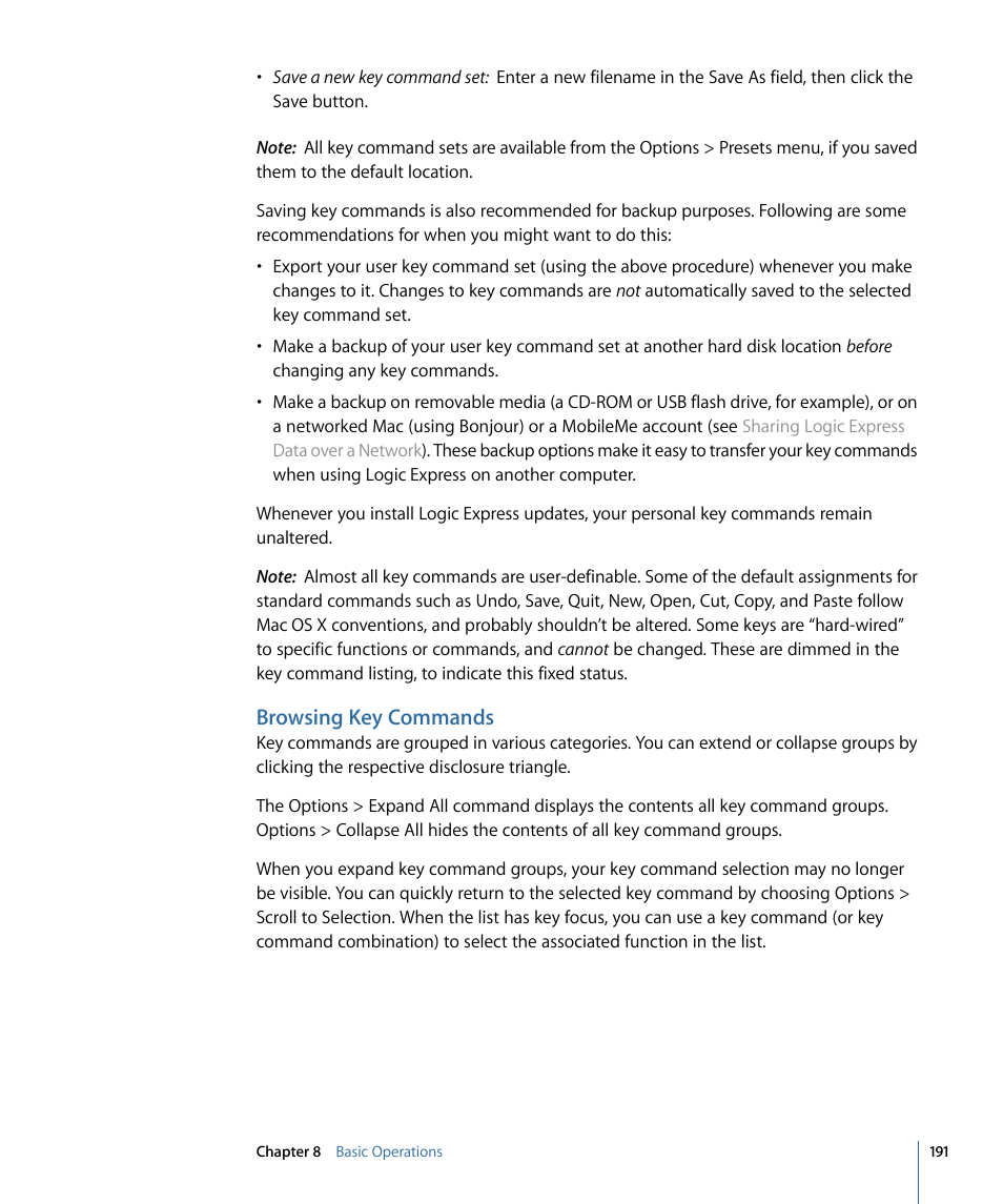 Browsing key commands | Apple Logic Express 9 User Manual | Page 191 / 1294