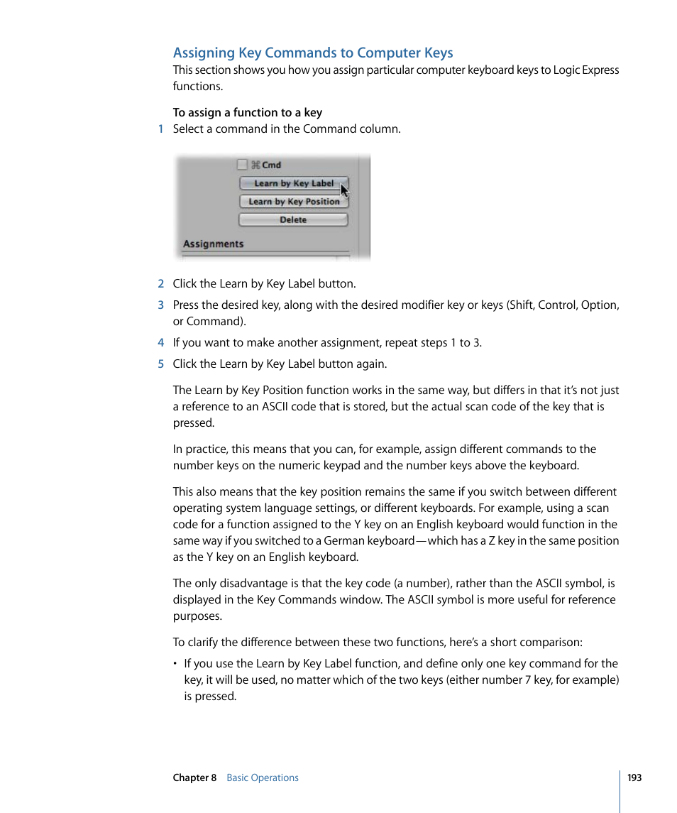 Assigning key commands to computer keys, Assigning key, Commands to computer keys | Apple Logic Express 9 User Manual | Page 193 / 1294