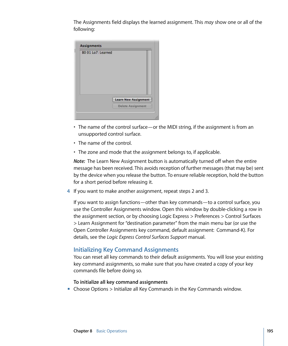 Initializing key command assignments | Apple Logic Express 9 User Manual | Page 195 / 1294