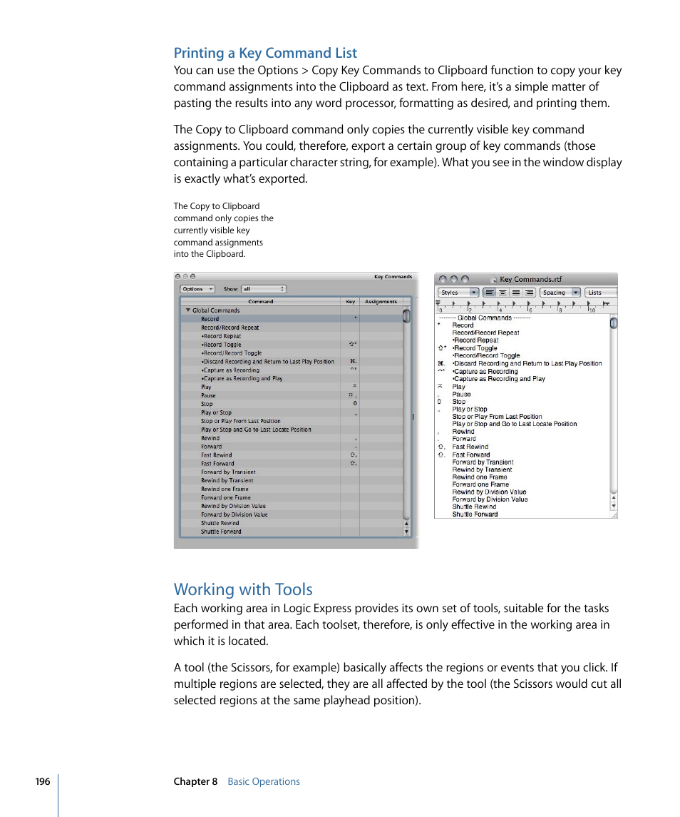 Printing a key command list, Working with tools | Apple Logic Express 9 User Manual | Page 196 / 1294