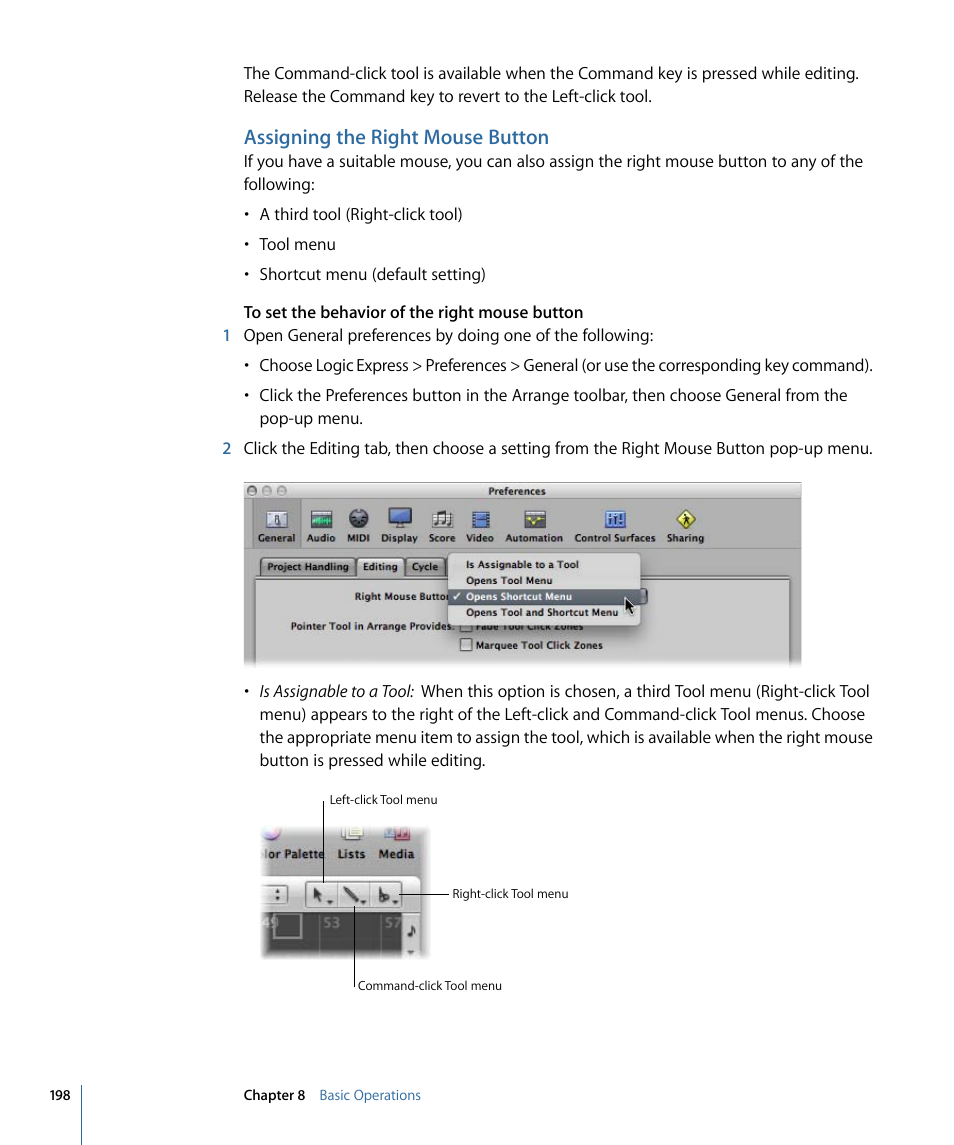 Assigning the right mouse button | Apple Logic Express 9 User Manual | Page 198 / 1294