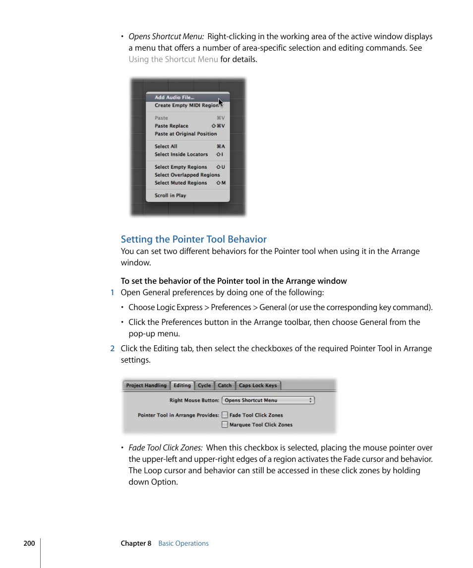 Setting the pointer tool behavior | Apple Logic Express 9 User Manual | Page 200 / 1294