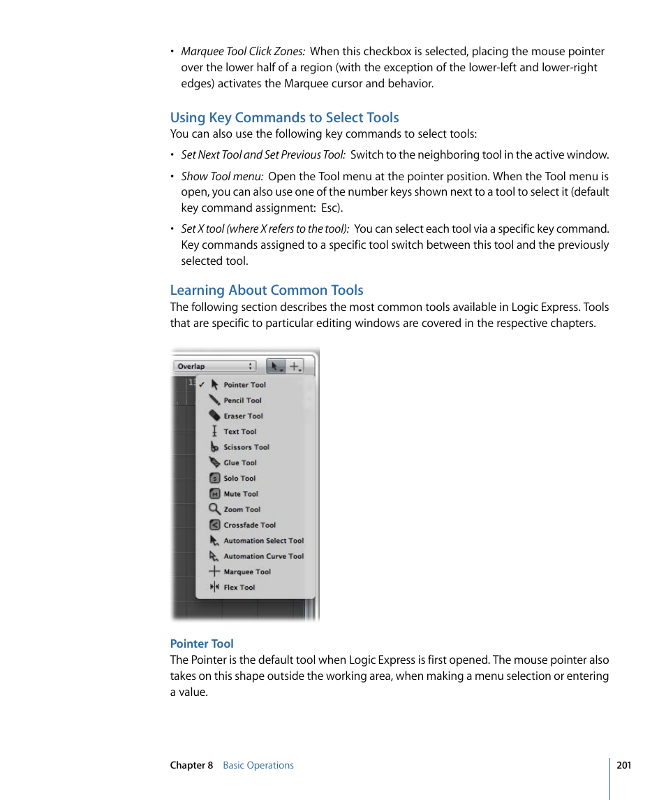 Using key commands to select tools, Learning about common tools, Pointer tool | Apple Logic Express 9 User Manual | Page 201 / 1294