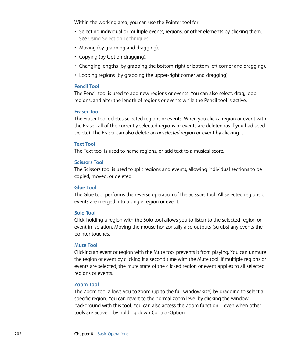 Pencil tool, Eraser tool, Text tool | Scissors tool, Glue tool, Solo tool, Mute tool, Zoom tool | Apple Logic Express 9 User Manual | Page 202 / 1294