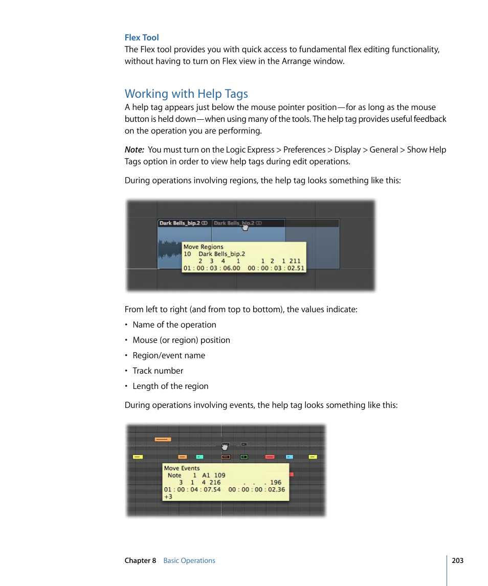 Flex tool, Working with help tags | Apple Logic Express 9 User Manual | Page 203 / 1294