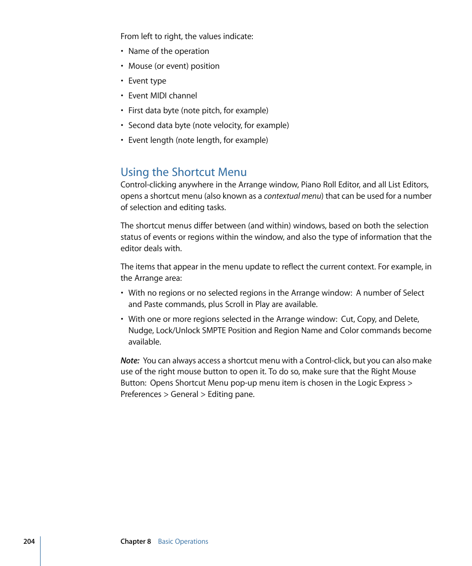 Using the shortcut menu | Apple Logic Express 9 User Manual | Page 204 / 1294