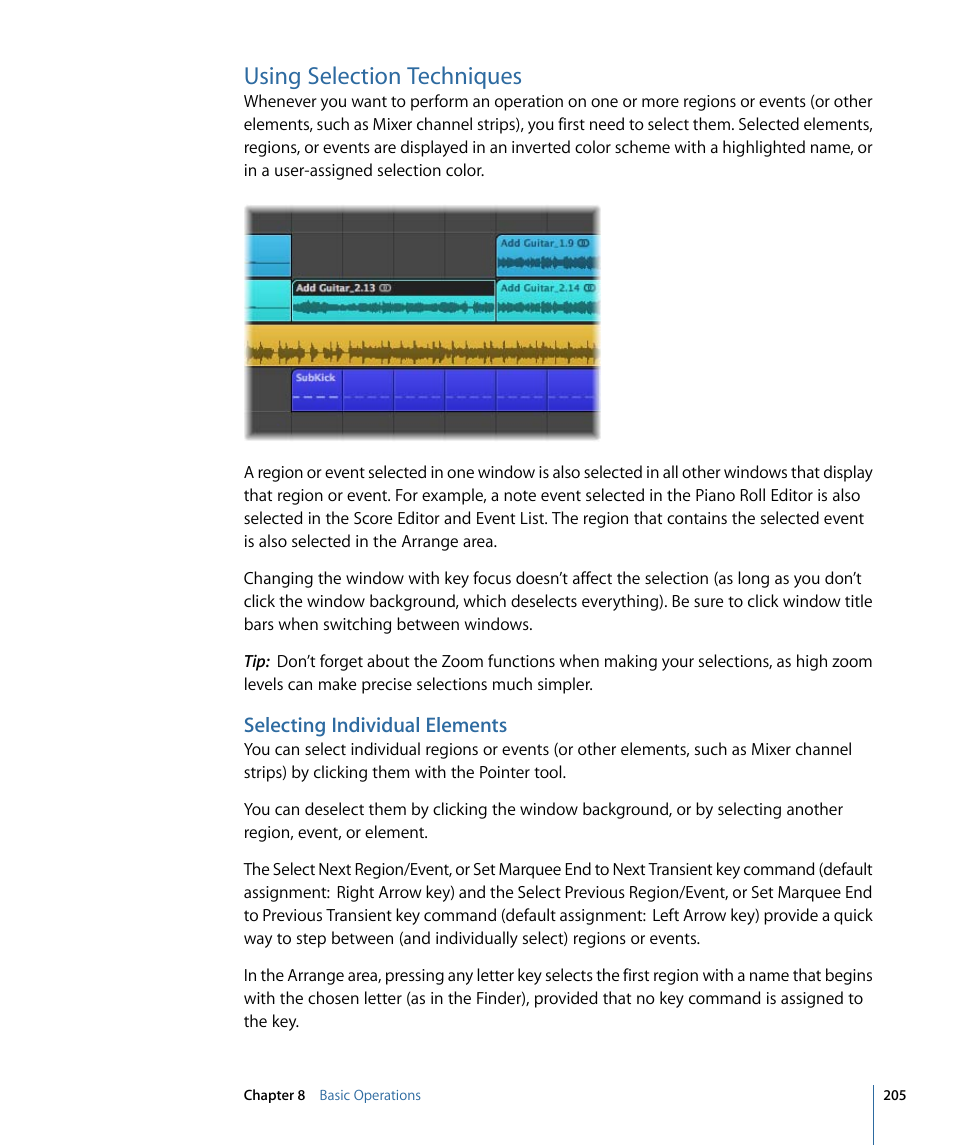 Using selection techniques, Selecting individual elements | Apple Logic Express 9 User Manual | Page 205 / 1294