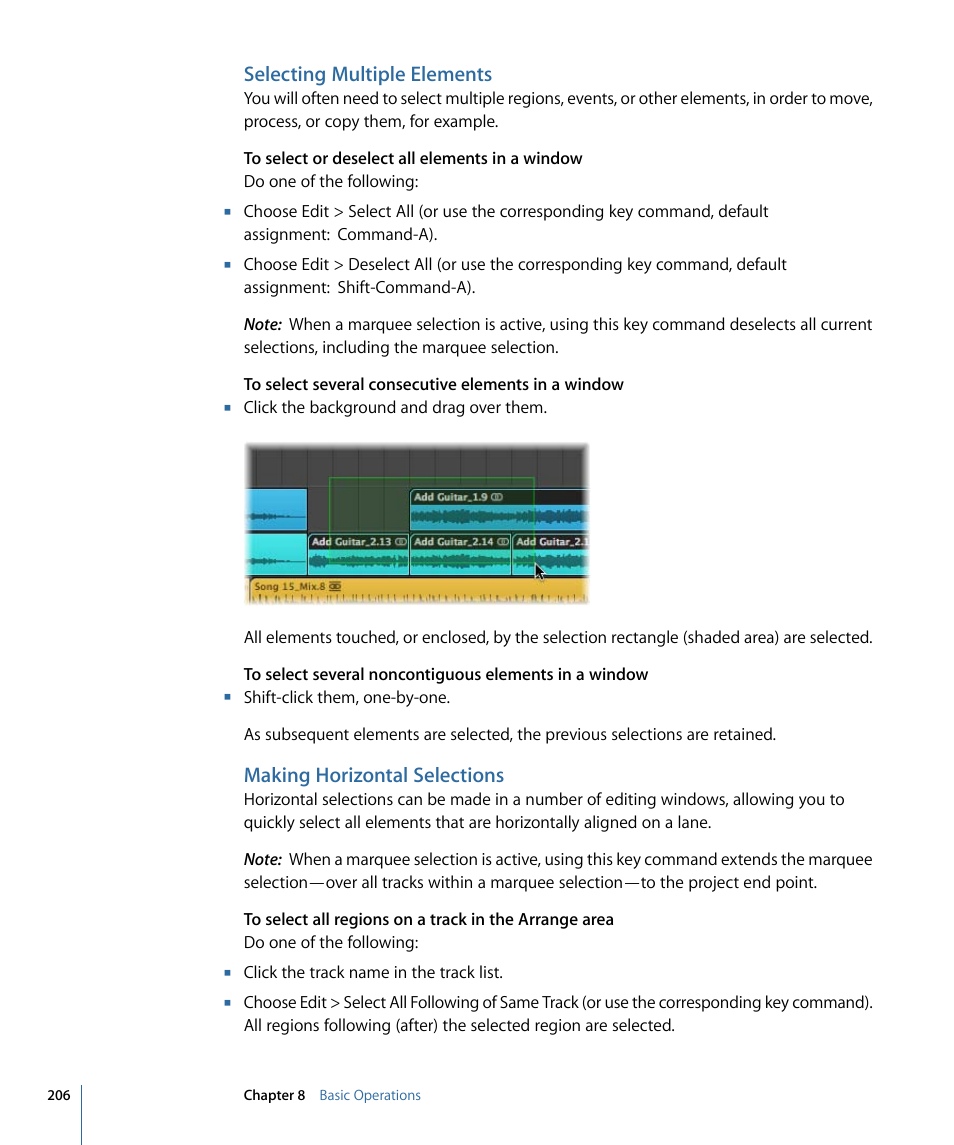 Selecting multiple elements, Making horizontal selections | Apple Logic Express 9 User Manual | Page 206 / 1294