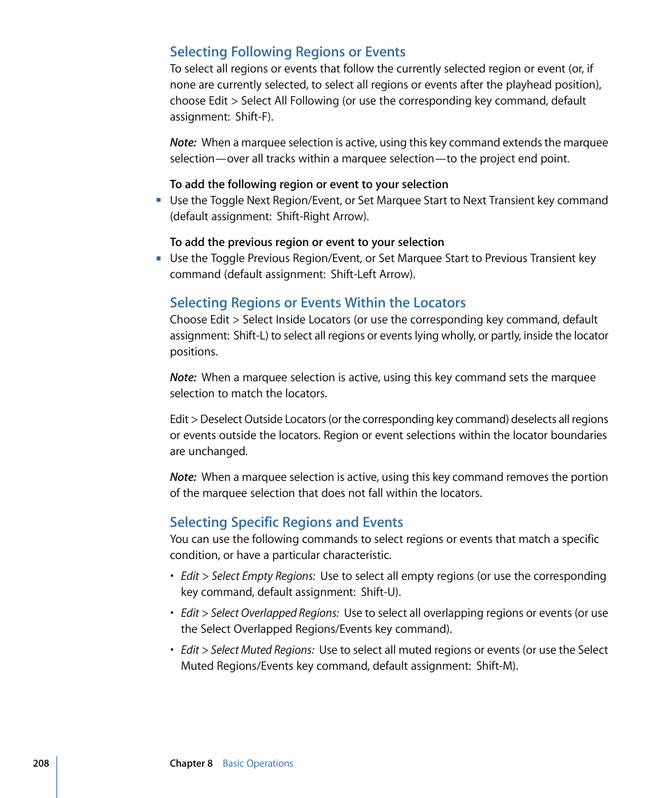 Selecting following regions or events, Selecting regions or events within the locators, Selecting specific regions and events | Apple Logic Express 9 User Manual | Page 208 / 1294