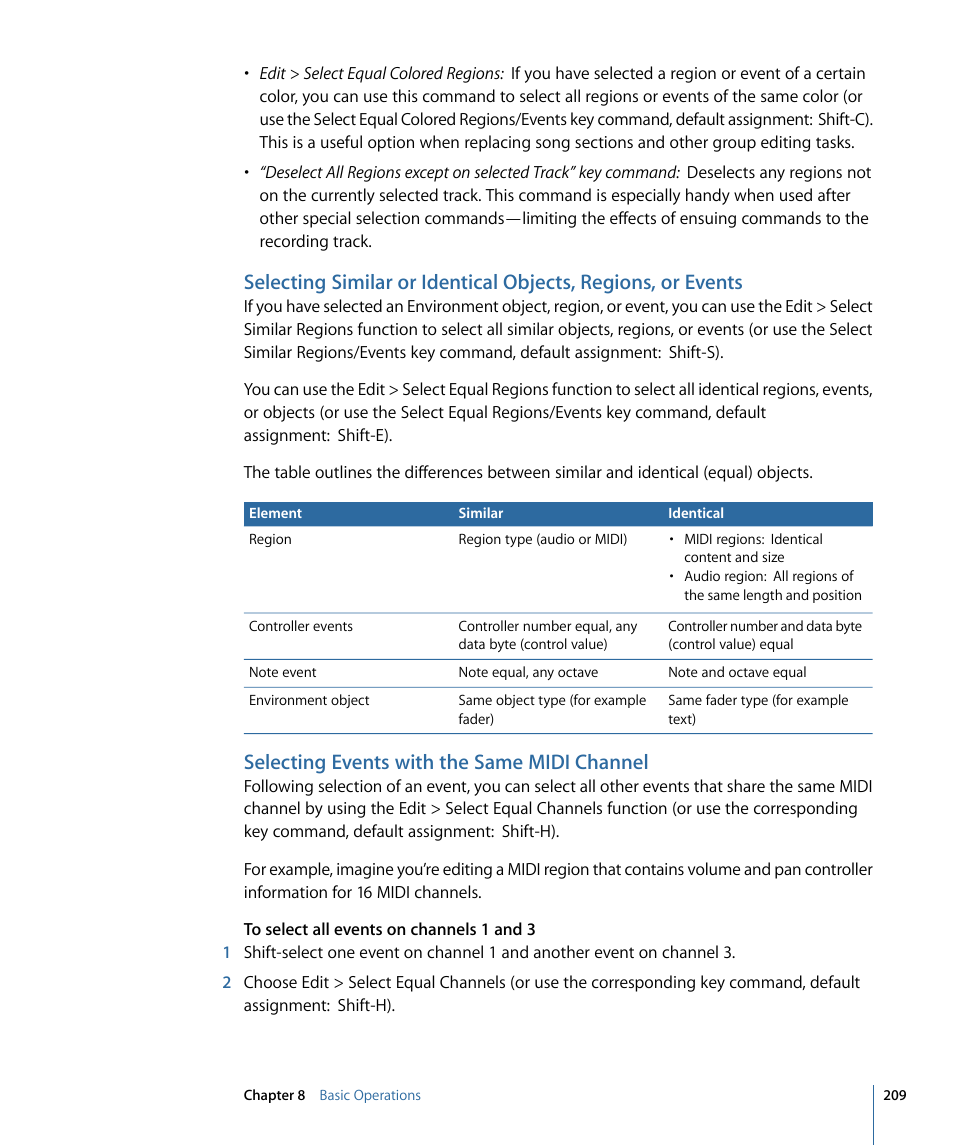 Selecting events with the same midi channel | Apple Logic Express 9 User Manual | Page 209 / 1294