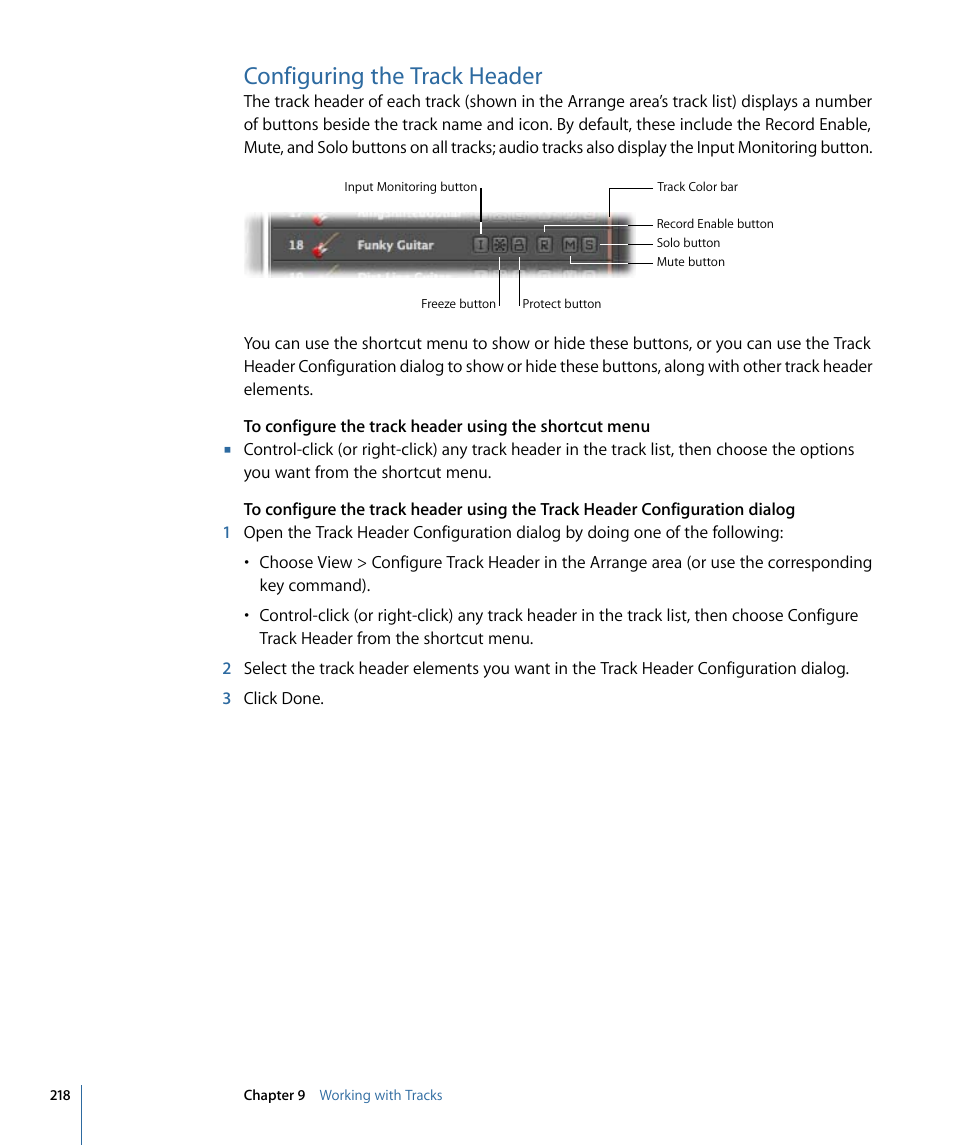 Configuring the track header | Apple Logic Express 9 User Manual | Page 218 / 1294