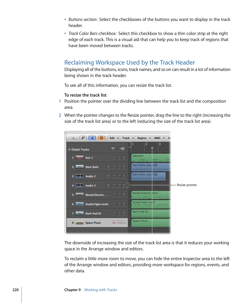 Reclaiming workspace used by the track header | Apple Logic Express 9 User Manual | Page 220 / 1294