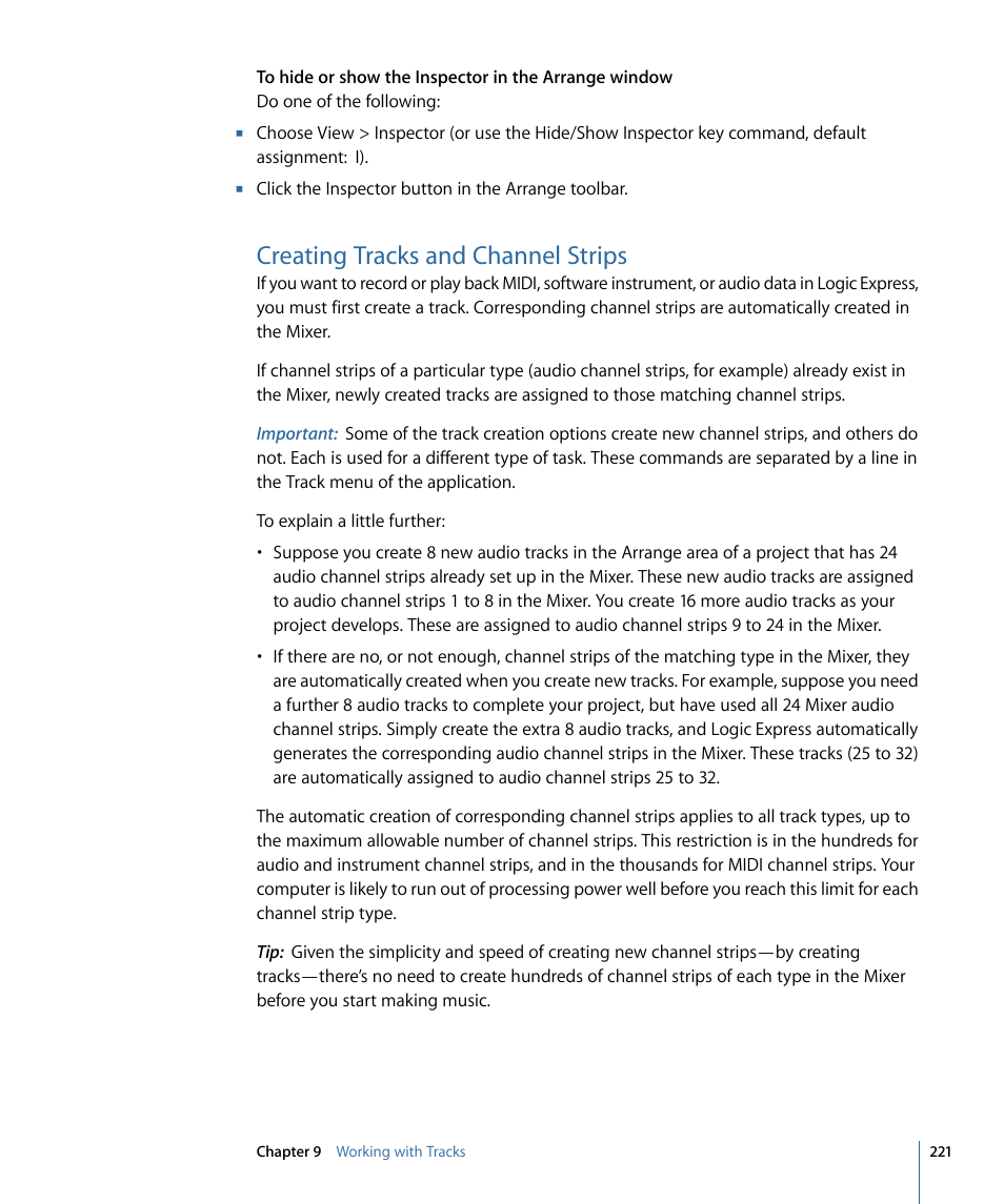 Creating tracks and channel strips | Apple Logic Express 9 User Manual | Page 221 / 1294