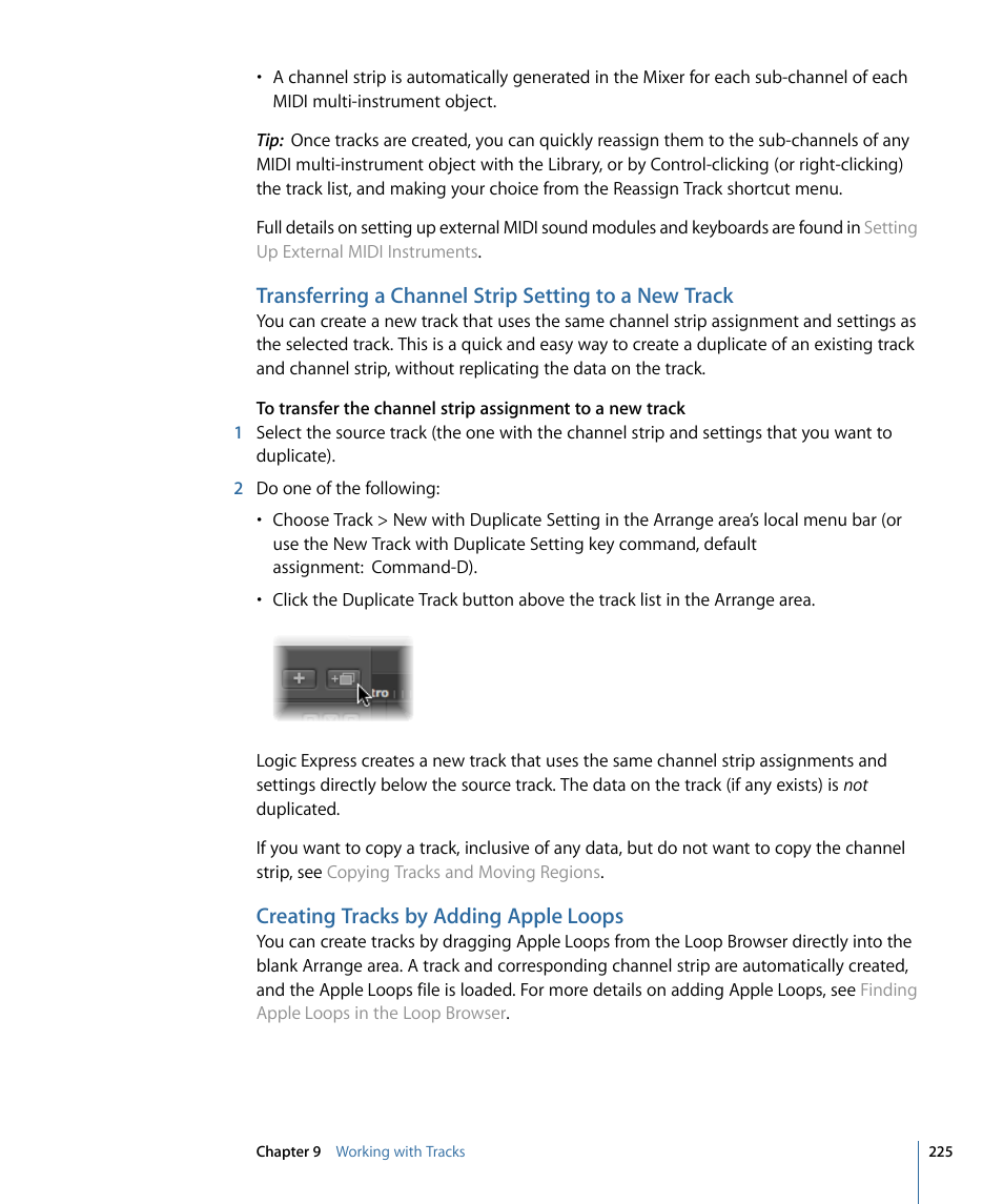 Creating tracks by adding apple loops | Apple Logic Express 9 User Manual | Page 225 / 1294