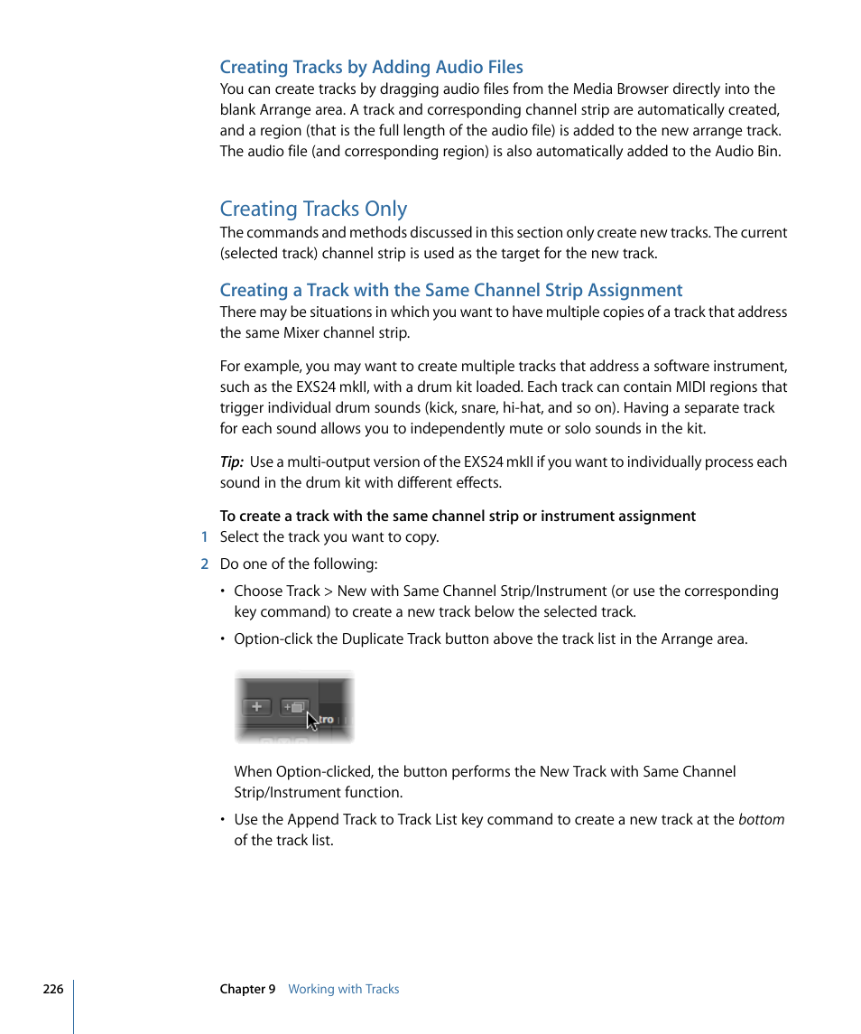 Creating tracks by adding audio files, Creating tracks only | Apple Logic Express 9 User Manual | Page 226 / 1294
