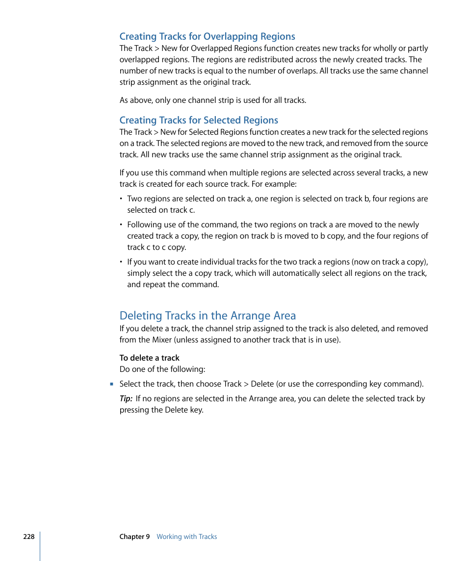 Creating tracks for overlapping regions, Creating tracks for selected regions, Deleting tracks in the arrange area | Apple Logic Express 9 User Manual | Page 228 / 1294