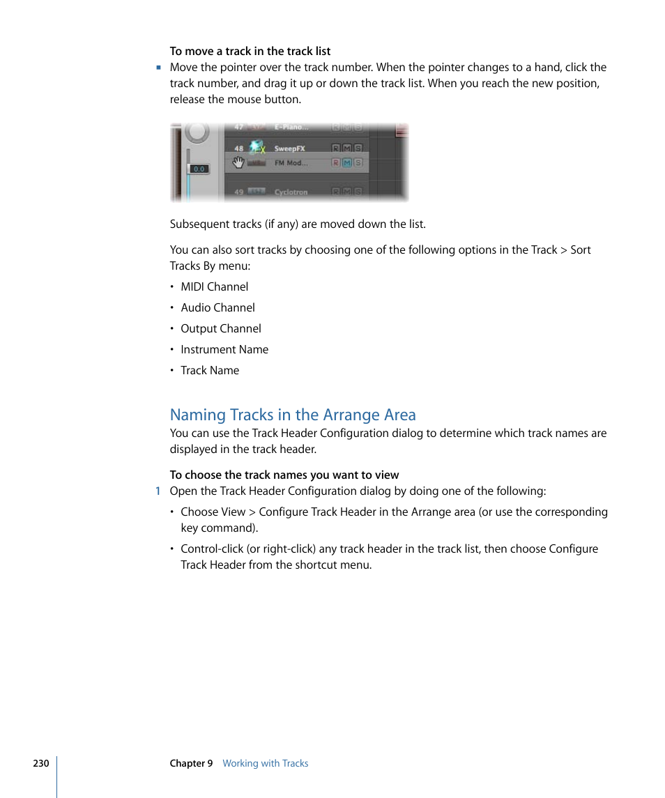 Naming tracks in the arrange area | Apple Logic Express 9 User Manual | Page 230 / 1294