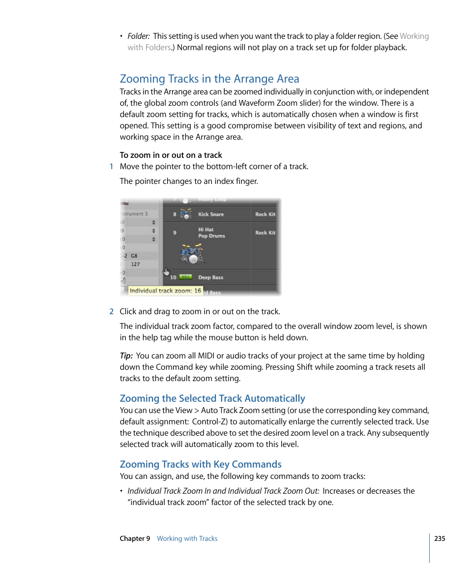 Zooming tracks in the arrange area, Zooming the selected track automatically, Zooming tracks with key commands | Apple Logic Express 9 User Manual | Page 235 / 1294
