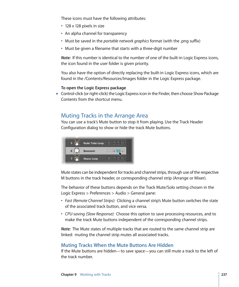 Muting tracks in the arrange area, Muting tracks when the mute buttons are hidden | Apple Logic Express 9 User Manual | Page 237 / 1294