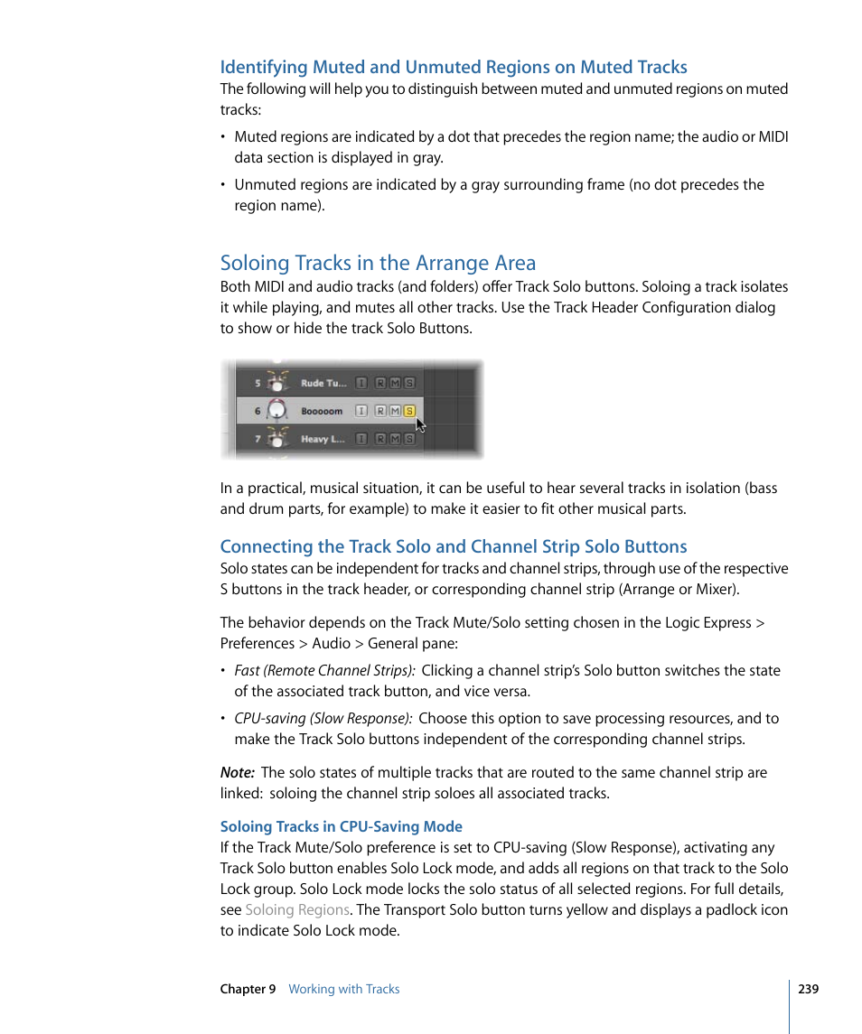 Soloing tracks in the arrange area, Soloing tracks in cpu-saving mode | Apple Logic Express 9 User Manual | Page 239 / 1294