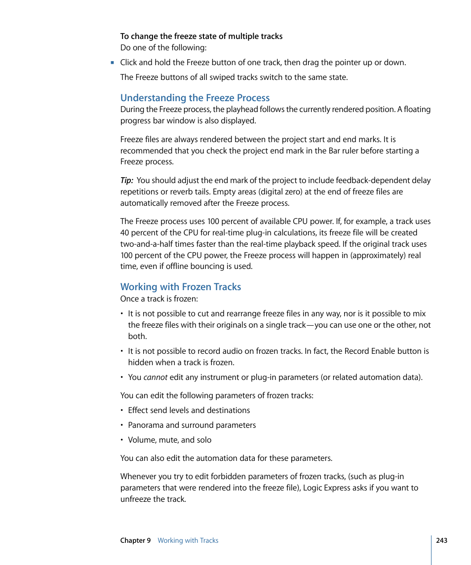 Understanding the freeze process, Working with frozen tracks | Apple Logic Express 9 User Manual | Page 243 / 1294