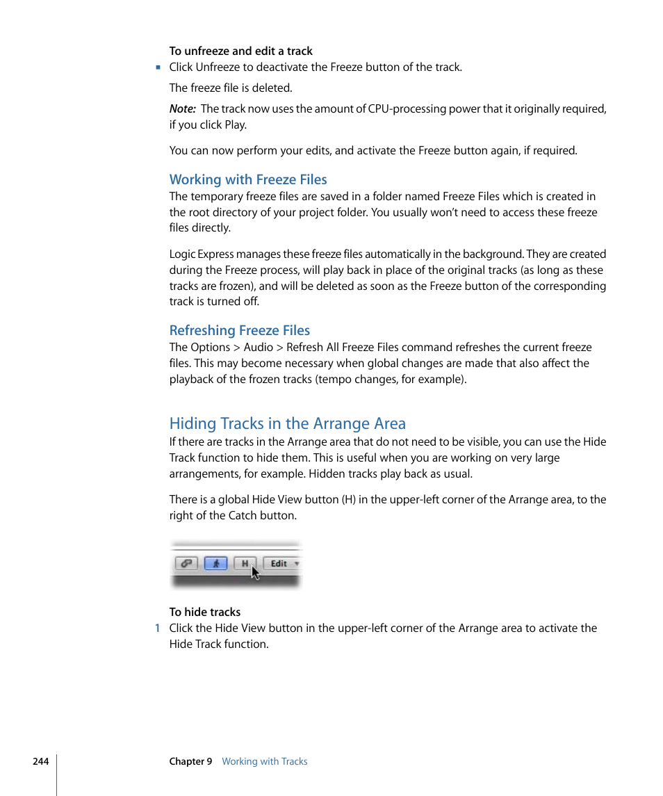 Working with freeze files, Refreshing freeze files, Hiding tracks in the arrange area | Apple Logic Express 9 User Manual | Page 244 / 1294