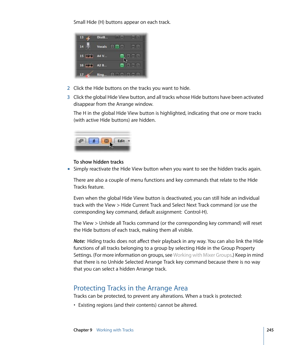 Protecting tracks in the arrange area | Apple Logic Express 9 User Manual | Page 245 / 1294