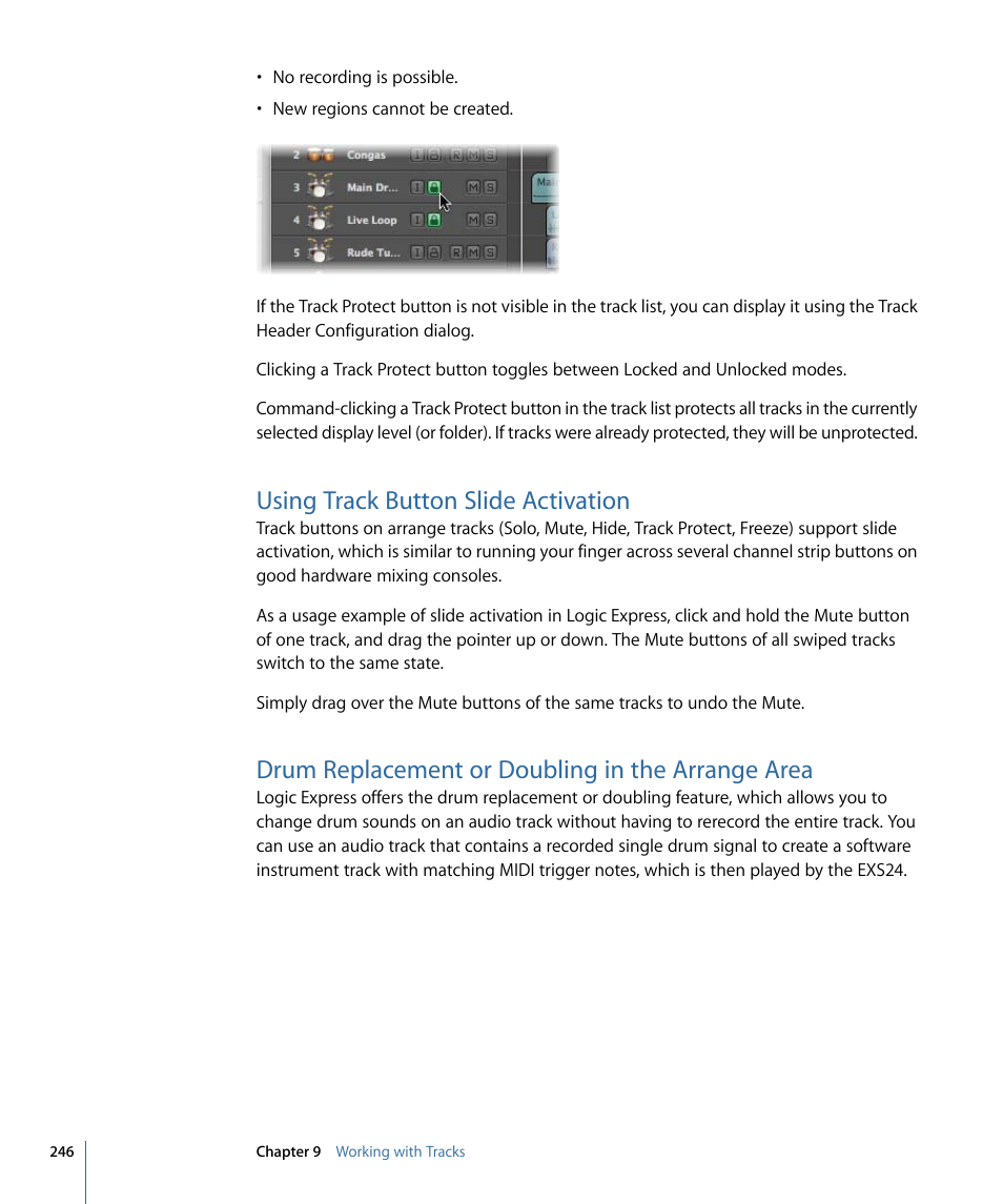 Using track button slide activation, Drum replacement or doubling in the arrange area | Apple Logic Express 9 User Manual | Page 246 / 1294