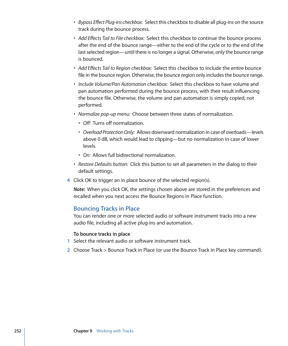 Bouncing tracks in place | Apple Logic Express 9 User Manual | Page 252 / 1294