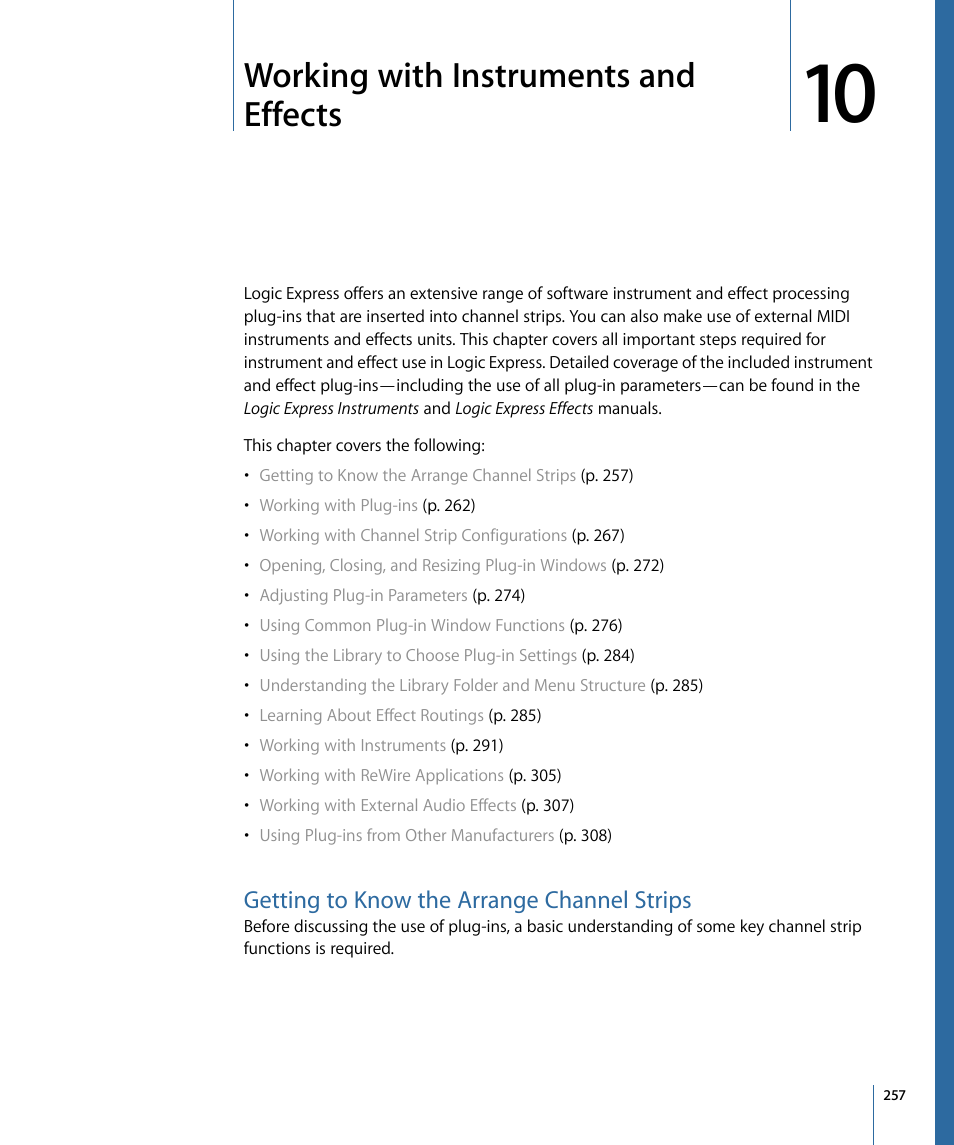 Working with instruments and effects, Getting to know the arrange channel strips | Apple Logic Express 9 User Manual | Page 257 / 1294