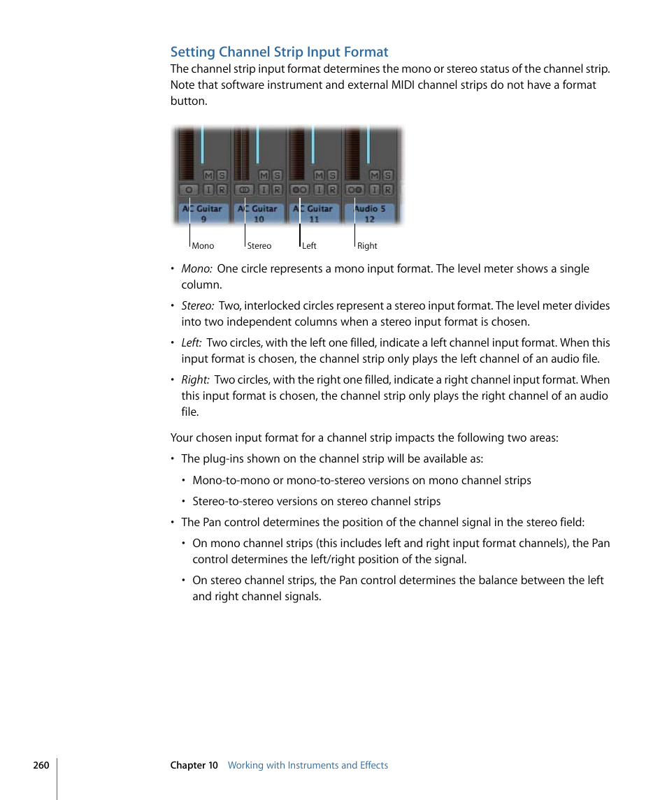 Setting channel strip input format | Apple Logic Express 9 User Manual | Page 260 / 1294