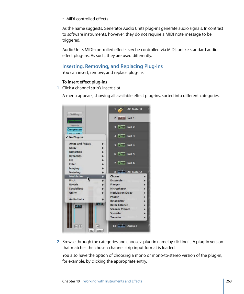 Inserting, removing, and replacing plug-ins | Apple Logic Express 9 User Manual | Page 263 / 1294