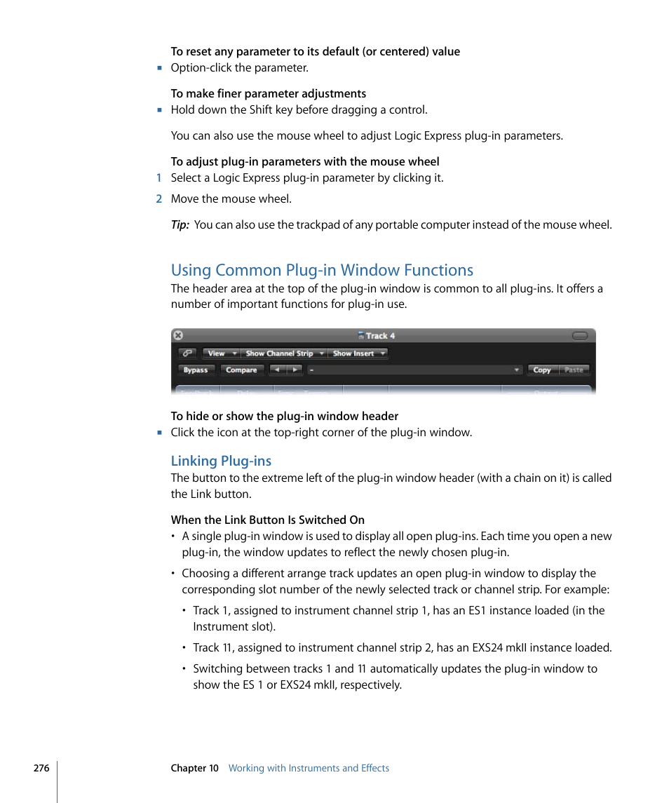 Using common plug-in window functions, Linking plug-ins | Apple Logic Express 9 User Manual | Page 276 / 1294